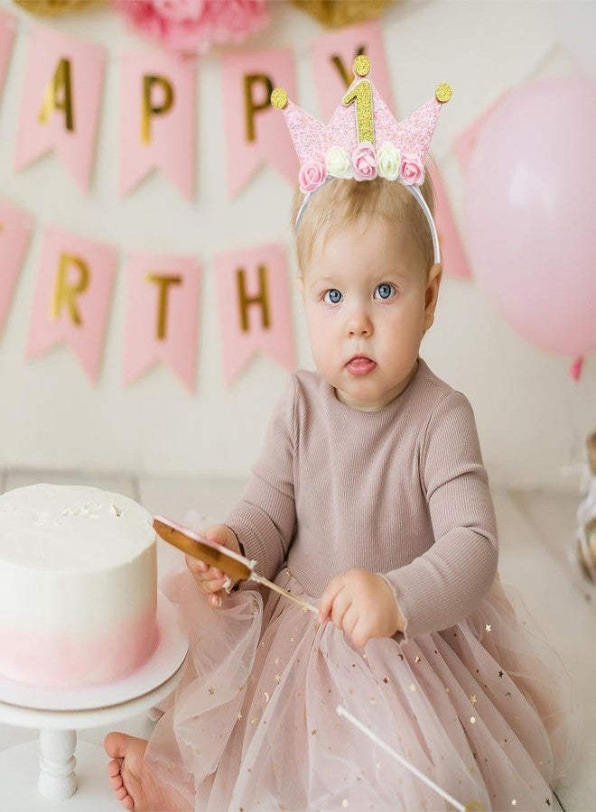 Capiant 1st Birthday Decorations for Women, Birthday Crown Headbands, 1-Year-Old Happy Birthday Decorations Flower Princess Tiara Hair Accessory, Women 1st Birthday Gift Party Decorations Supplies - Image 4